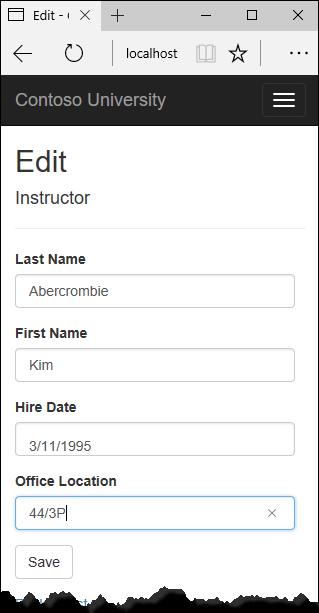 Run the page (select the Instructors tab and then click Edit on an instructor). Change the Office Location and click Save.