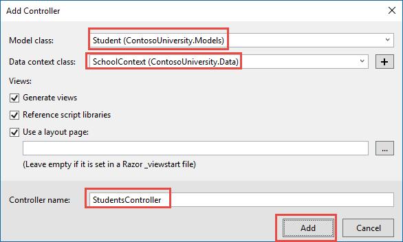When you click Add, the Visual Studio scaffolding engine creates a StudentsController.cs file and a set of views (.cshtml files) that work with the controller.