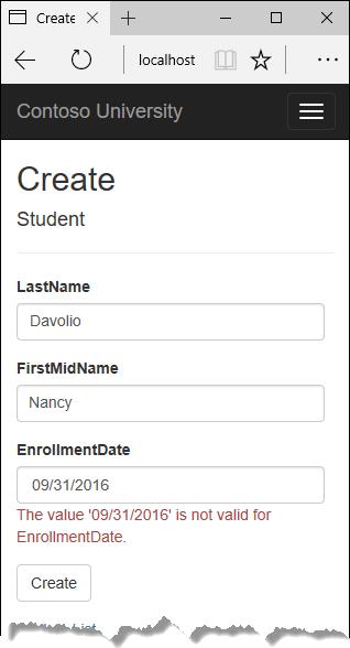 The code in Views/Students/Create.cshtml uses label, input, and span (for validation messages) tag helpers for each field. Run the page by selecting the Students tab and clicking Create New.