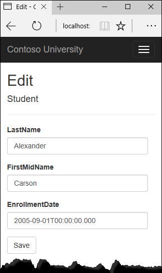 Change some of the data and click Save. The Index page opens and you see the changed data. Update the Delete page In StudentController.