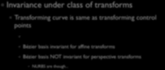 Useful Properties of a Basis Invariance under class of transforms Transforming curve is same as transforming control points x(u) = p i b i (u) T