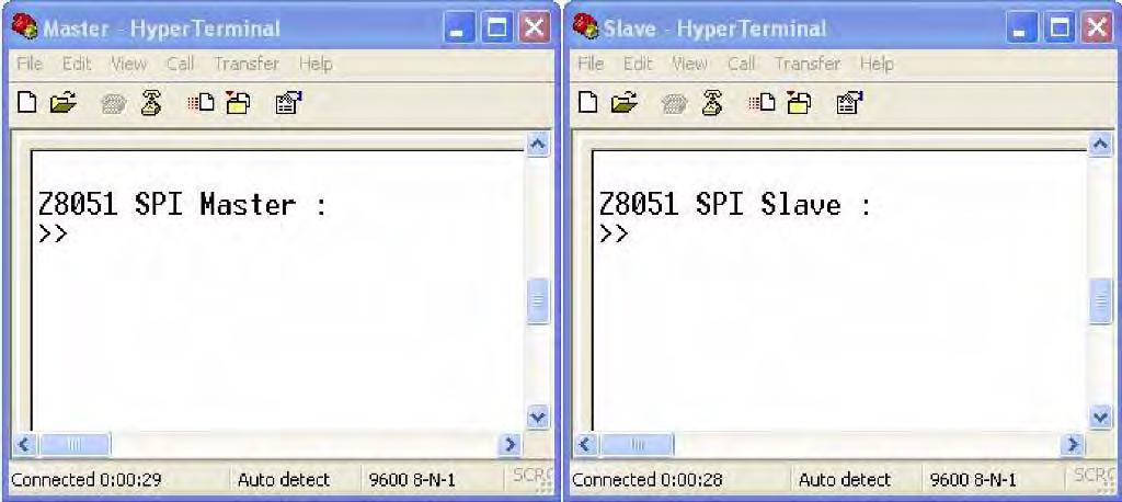 Figure 4. HyperTerminal Display After Reset 6. Test whether the master MCU and slave MCU can communicate via the SPI function. Using your keyboard, enter any lower-case alphabetical (i.e., non-numeric) character in the terminal for the master.