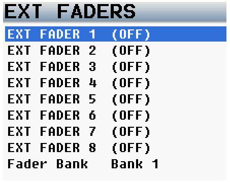 MAIN MENU External Fader Assign The external fader assign sets the function of each individual fader on the FP8, Mix8 and Oasis control surface.