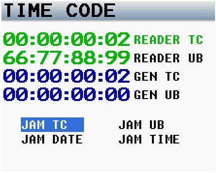 This page displays time code and user bits that are being received from a source that is connected to the time code in on the BNC connector.