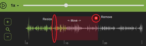 To get a closer, more detailed, and accurate look at the audio feed: 1. Use the Zoom icon, located to the left of the audio display to zoom in an out of the audio display.
