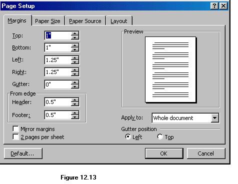 The margins can also be changed using the Page Setup dialog box: Select File Page Setup and choose the Margins tab in the dialog box.