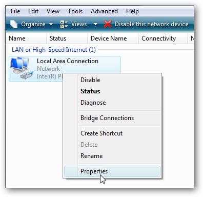 EXAMPLE: Windows Vista Right-click on the network adapter you want to assign an IP address and