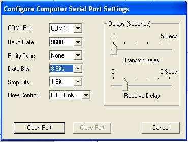 Figure 9.0 Serial Port Settings screen. Press the Open Port or Update button to complete the serial port configuration process.