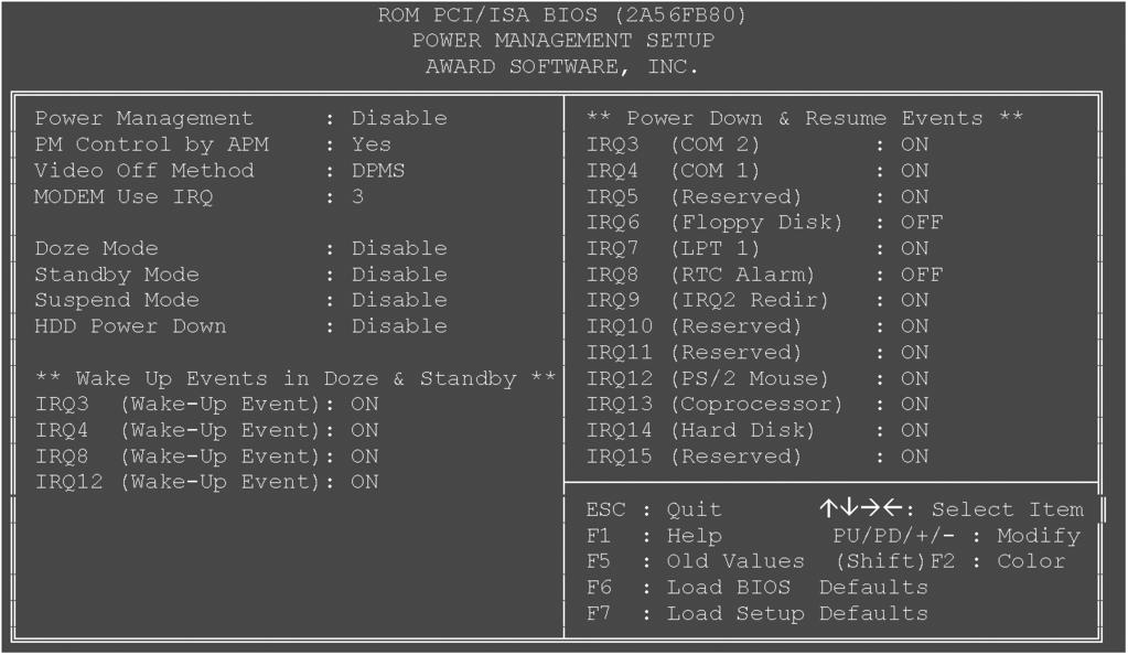 2.5 Power Management Setup Software BIOS System for System Units with Socket 7 (ZIF) Power Management Figure 171: Power Management Setup This option allows you to define the type (or degree) of power
