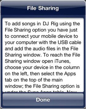 File Sharing import 1. Tap File Sharing in the import method selection pop-up menu. 2. The instructions included in the panel will help you connect your device to itunes.