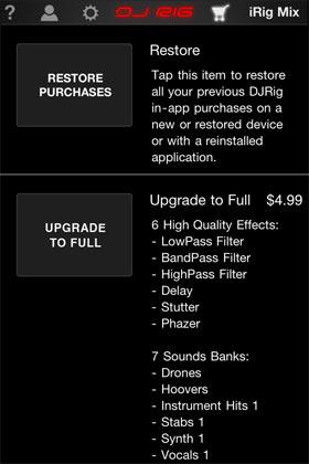 Shop Shop Tap the Cart button to open the DJ Rig Shop. [fig 13.1] Scroll through the list to view the names, descriptions and prices of the available additional features. [fig 13.2] When you find a feature that interests you, just tap on it, and a window will appear to confirm the purchase.