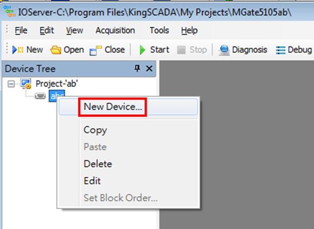 5.1.3 Creating an IO Device 1. Right-click the abc channel and select New Device. 2.