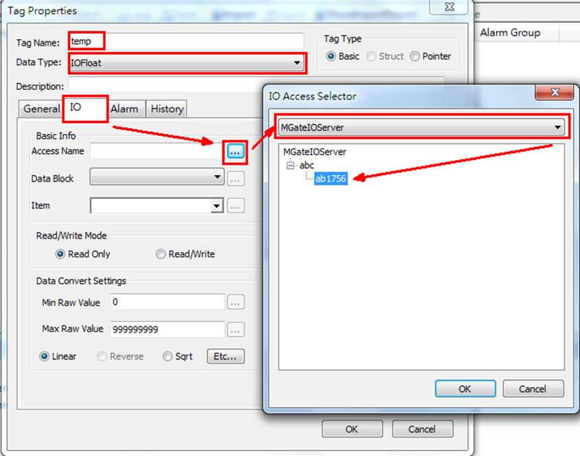 For Access Name, click the button to select the ab1756 IO device (in the IO Access Selector pop-up