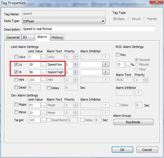 2. Configure the alarm settings for the Temp tag as shown in the following figure. 3.