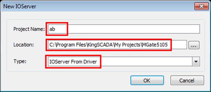 In the New IOServer screen, configure the following fields and click OK: Project Name: Enter a