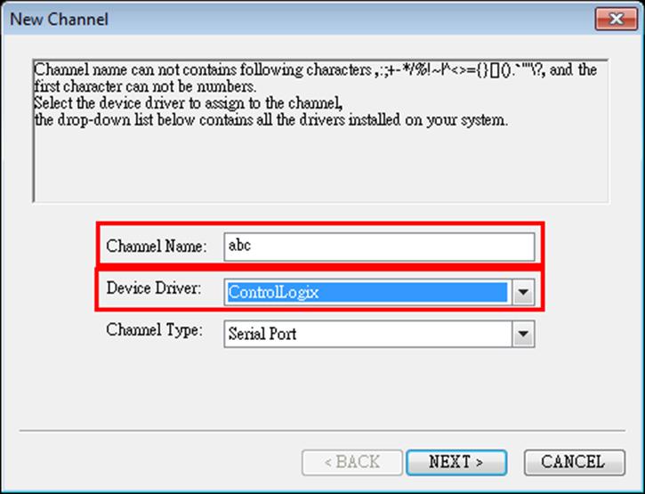 In the New Channel dialog box, configure the following fields and click NEXT.