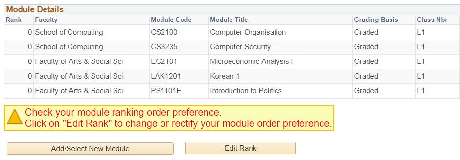 d) Click on Edit Rank to rank your modules in order of your preference.