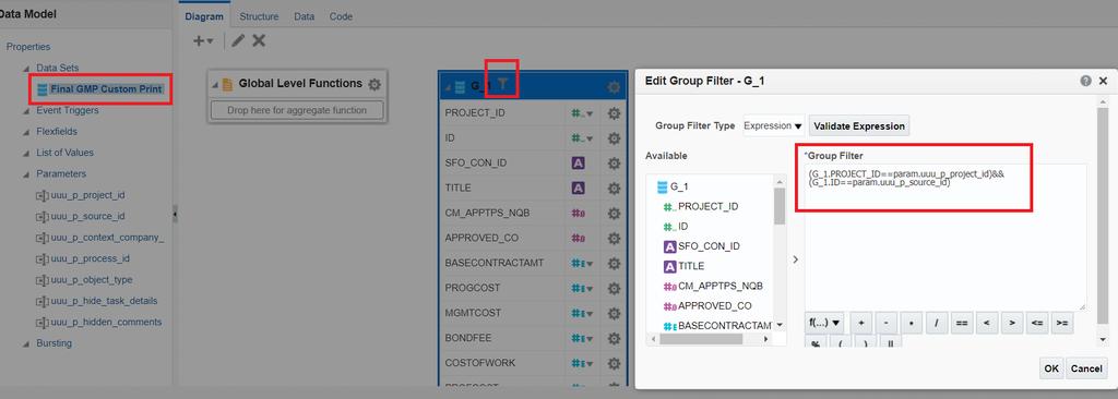 Create the Essential Group Filters in the Data Model For Custom print generation, two parameters: uuu_p_project_id and uuu_p_source_id are required to link to Project_ID and ID respectively as group