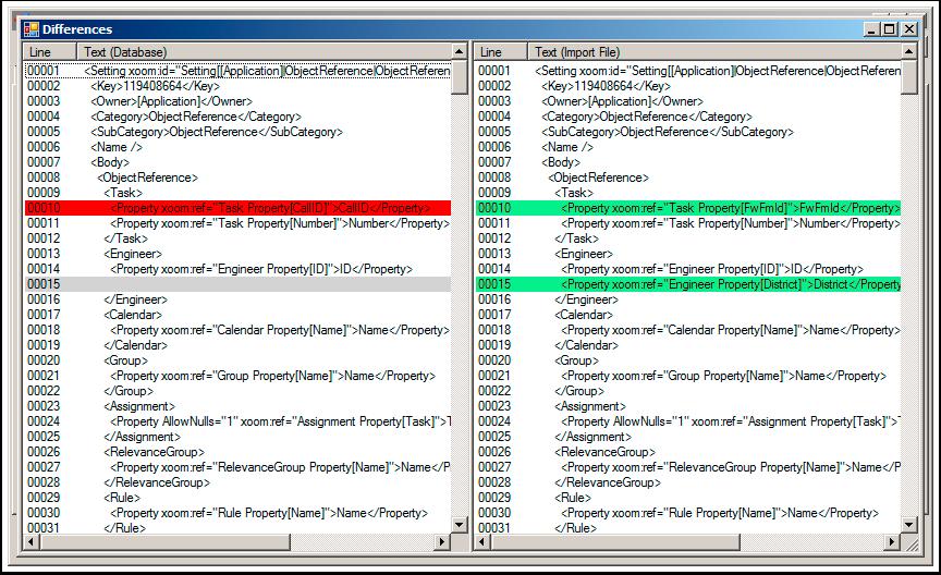 View Differences If View Differences option is selected on the context menu, a window is opened graphically displaying the differences between the item in the database on the left and the item in the