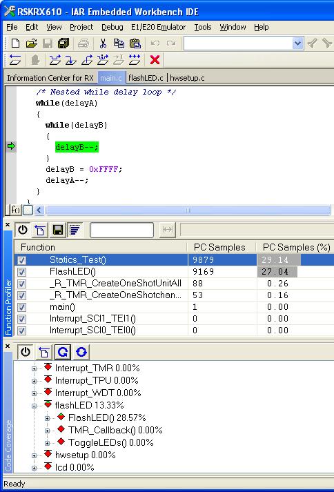 IAR C-SPY Debugger Profiling/Code Coverage Profiling helps you to find the functions in your source code where the most time is spent during execution.