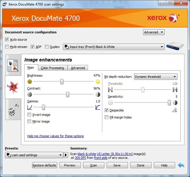 Setting up Xerox DocuMate Scanners and Xerox FreeFlow MakeReady Document Settings Main Document Settings Advanced This is the first screen you will see upon launching the UI for the first time.