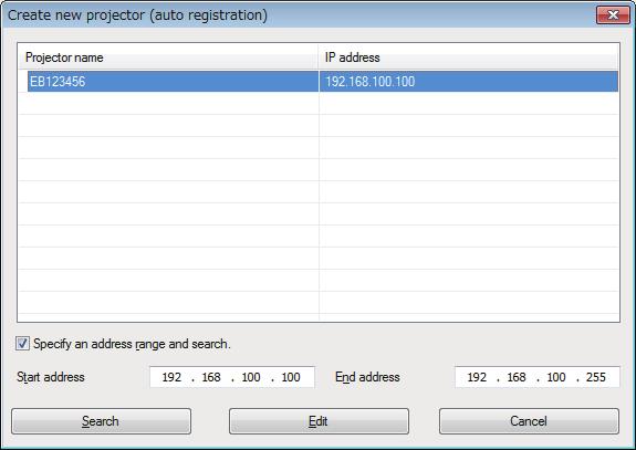 The application displays a list of network projectors that allow firmware updates or copying of menu settings using EasyMP Network Updater.
