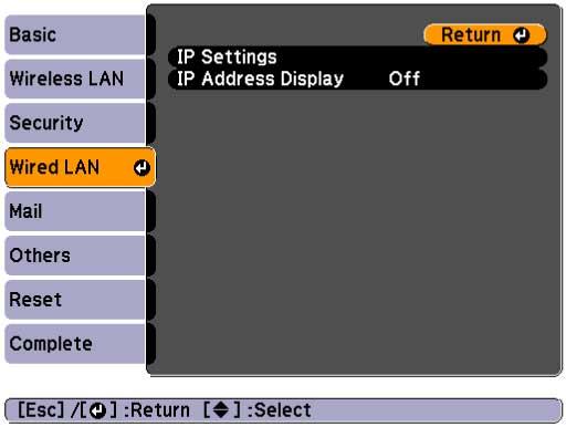 A screen like one of the following is displayed. 7. Select IP settings as necessary. DHCP is available: Set DHCP to On.