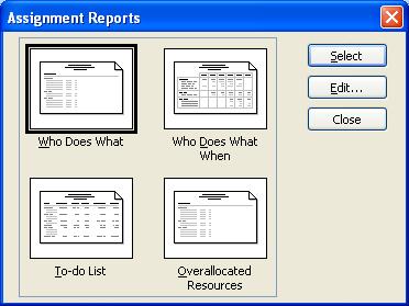 Page 107 - Project 2007 Foundation Level Assignments Reports Click on the Report drop down menu and select the Reports command. Within the dialog box displayed, select Assignments.