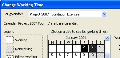 Within the Click on a day to see its working times section of the dialog box, select the 1 st, 2 nd and 3 rd of January 2004 NOTE: You will have to use the scroll bar within