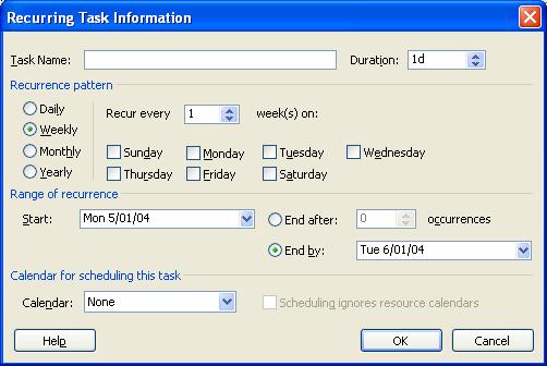 Microsoft Project allows you to create a task once, and then assign both frequency and timing to it.