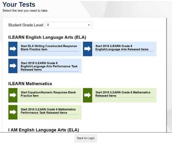 3. On the Yur Tests page, select the student s grade level and the name f the test they want t take.