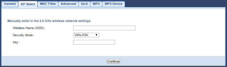 Chapter 8 Tutorials Figure 27 Tutorial: Manually Entering Wireless Security Information 2 Type the SSID of the AP into the Wireless Name (SSID) field, set the security settings and click Continue.