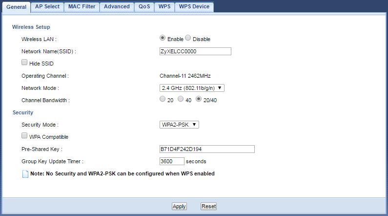 Chapter 10 Wireless LAN 10.4 General Wireless LAN Screen Use this screen to enable the Wireless LAN, enter the SSID and select the wireless security mode.