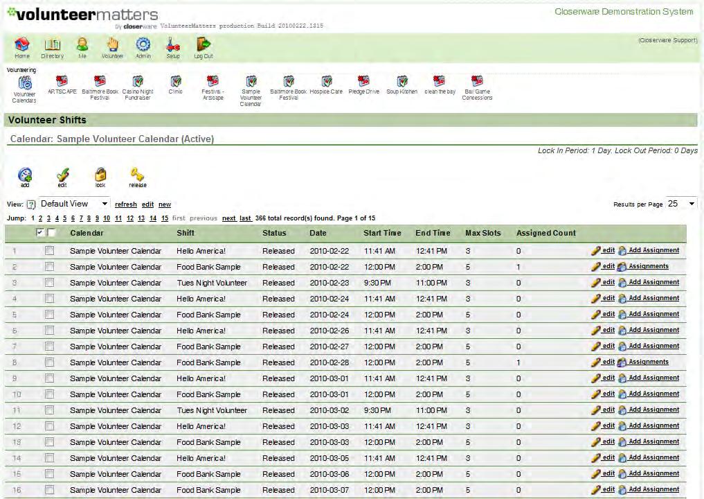 Managing List Views Closerware s VolunteerMatters product allows an administrator to display and search for contact records, volunteer interactions, site users, volunteer calendars, volunteer shifts,