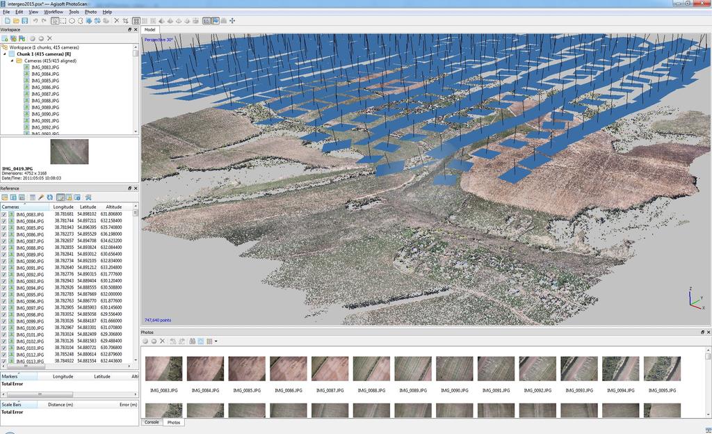 Align Photos At this stage PhotoScan finds matching points between overlapping images, estimates camera position for each photo and builds sparse point cloud model.