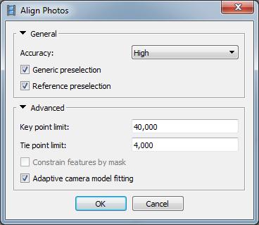 Set the following recommended values for the parameters in the Align Photos dialog: Accuracy: High (lower accuracy setting can be used to get rough camera positions in a shorter time) Pair