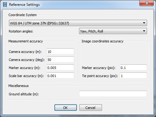 Set the following values for the parameters in Measurement accuracy section and check that valid coordinate system is selected that corresponds to the system that was used to survey GCPs: Marker