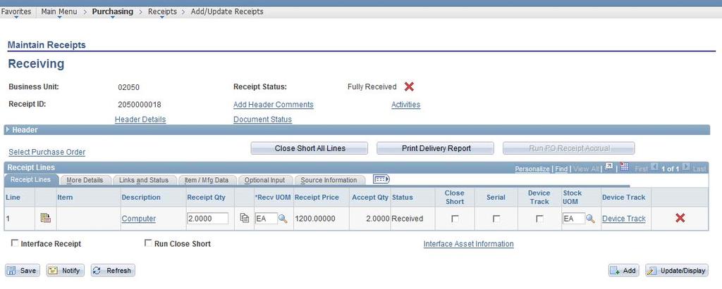 i) The retrieved rows will display. Tick the box from the Sel column to select the Purchase Order ID/lines to receipt or click on the Select All hyperlink. j) Click OK.