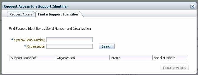 Enabling and Disabling Oracle System Assistant a. Click the Find a Support Identifier tab. b. Type the server serial number in the System Serial Number field. c.