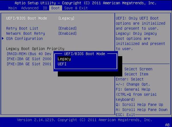 Select UEFI Boot Mode or Legacy BIOS Boot Mode (BIOS) Note - You cannot configure the boot order list after switching the boot mode.