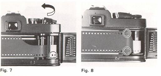 5. Draw the film leader across the camera back and insert it into one of the slits of Film Take-up Spool (36) (Fig. 6). To bring the slit into a convenient position.