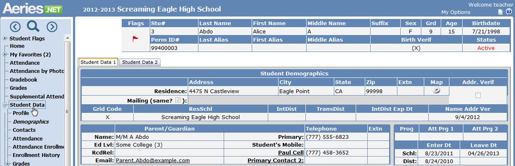 STUDENT DATA The System Administrator can select certain student information that can be viewed or edited by teachers.