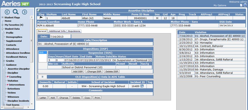 STUDENT DATA ASSERTIVE DISCIPLINE To display a student s Assertive Discipline records, click the mouse on the Guidance node on the Navigation tree and click on
