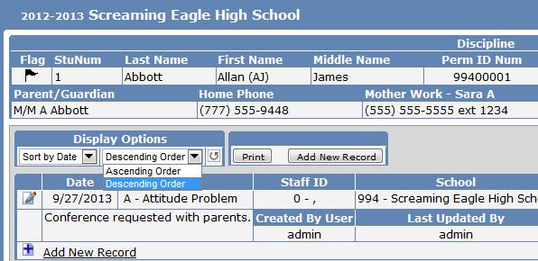 STUDENT DATA DISCIPLINE To display a student s Discipline records, click the mouse on the Guidance node on the Navigation tree and click on Discipline.