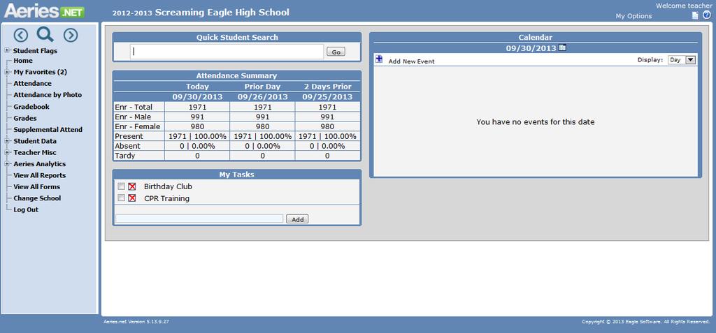 The Aeries.net Teacher Portal is an application accessed through a web browser that can be used by teachers within the classroom to update attendance, gradebook and grades in the Aeries database.
