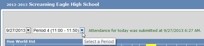 Take attendance by clicking in the applicable boxes of A for Absent or T for Tardy to the right of the student s name.