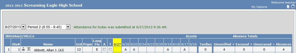 The attendance page has an Absence Totals area on the right side of the page that shows a total of absences that have been given to a student by type of absence.