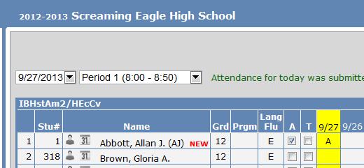After attendance has been taken for a student or period, click the mouse on the Refresh Now button at the bottom of the page which will refresh the absence totals and update the area with the latest