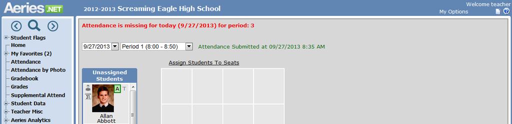 attendance will be disabled. The following is an example of a message that will display to the teacher.