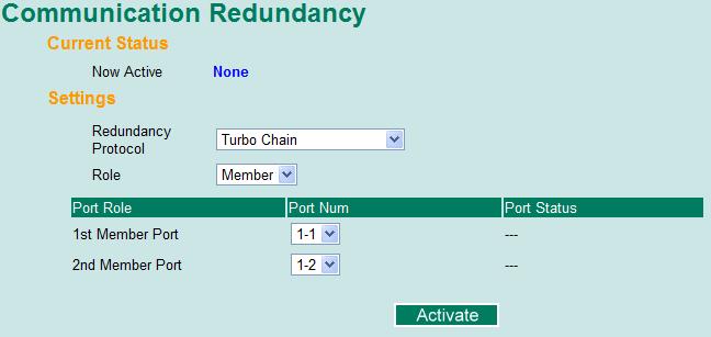 Member Switch Configuration Tail Switch Configuration Explanation of Current Status Items Now Active Shows which communication protocol is in use: Turbo Ring, Turbo Ring V2, RSTP, Turbo Chain or None.